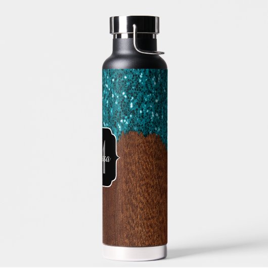 Aqua blue sparkles rustige bruin hout Monogram Waterfles (Links)