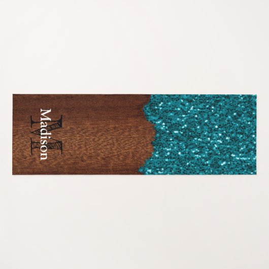 Aqua blue sparkles rustige bruin hout Monogram Yogamat (Voorkant (horizontaal))