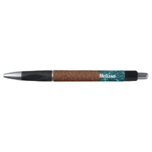 Aqua blue sparkles rustige bruin hout Personalisee Pen