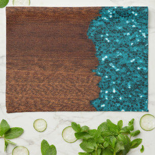 Aqua blue sparkles rustige bruin hout theedoek