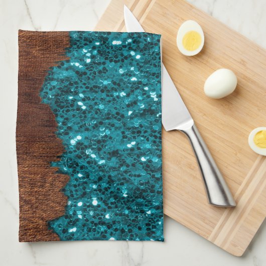 Aqua blue sparkles rustige bruin hout theedoek (Quarter Fold)