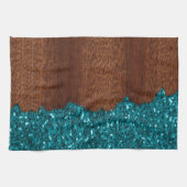 Aqua blue sparkles rustige bruin hout theedoek (Horizontaal)