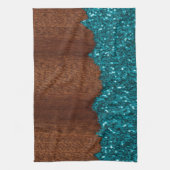 Aqua blue sparkles rustige bruin hout theedoek (Verticaal)