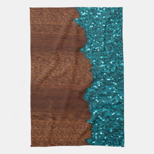 Aqua blue sparkles rustige bruin hout theedoek (Verticaal)