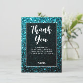 Aqua blue sparkles Sweet 16 elegant script Bedankkaart (Staand voorkant)