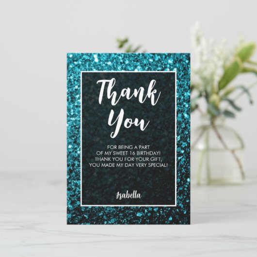 Aqua blue sparkles Sweet 16 elegant script Bedankkaart (Staand voorkant)