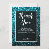 Aqua blue sparkles Sweet 16 elegant script Bedankkaart (Voorkant)