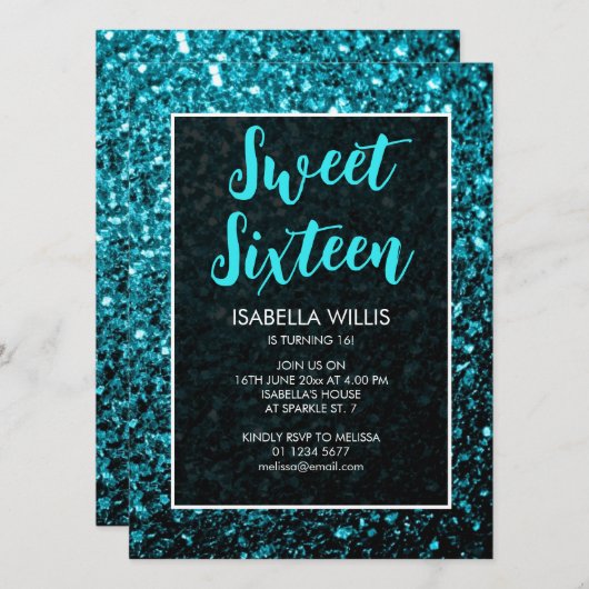 Aqua blue sparkles Sweet 16 elegant script Kaart (Voorkant / Achterkant)