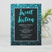 Aqua blue sparkles Sweet 16 elegant script Kaart (Staand voorkant)