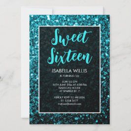 Aqua blue sparkles Sweet 16 elegant script Kaart