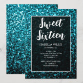 Aqua blue sparkles Sweet 16 elegant script Kaart (Voorkant / Achterkant)