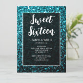 Aqua blue sparkles Sweet 16 elegant script Kaart (Staand voorkant)