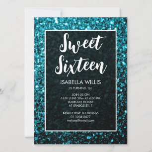 Aqua blue sparkles Sweet 16 elegant script Kaart