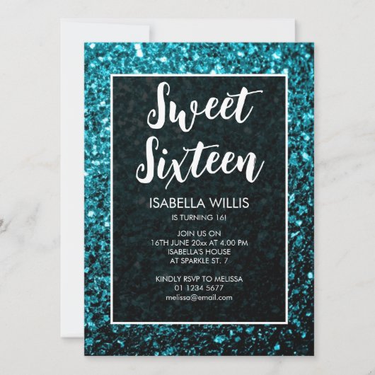 Aqua blue sparkles Sweet 16 elegant script Kaart (Voorkant)