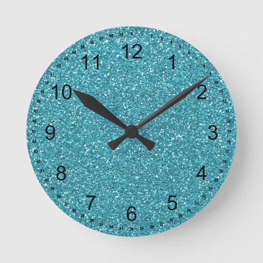 Aqua Blue Sparkly Faux Glitter Ronde Klok (Voorkant)
