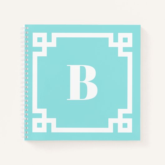 Aqua Blue Square Greek Key Border Monogram Notitieboek (Voorkant)