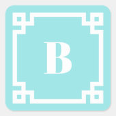 Aqua Blue Square Greek Key Border Monogrammed Vierkante Sticker (Voorkant)