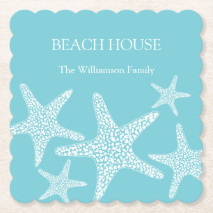 Aqua Blue Starfish Coastal Beach House Family Kartonnen Onderzetters