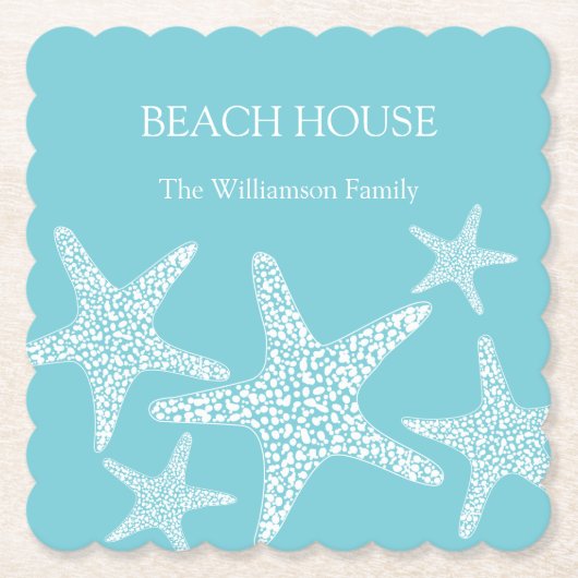 Aqua Blue Starfish Coastal Beach House Family Kartonnen Onderzetters (Voorkant)
