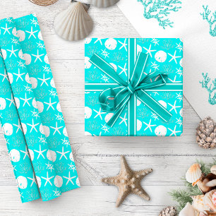 Aqua Blue Starfish Kustkerst Cadeaupapier