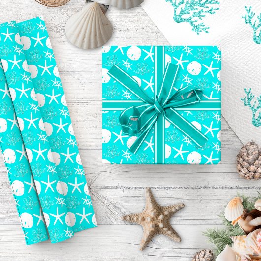 Aqua Blue Starfish Kustkerst Cadeaupapier