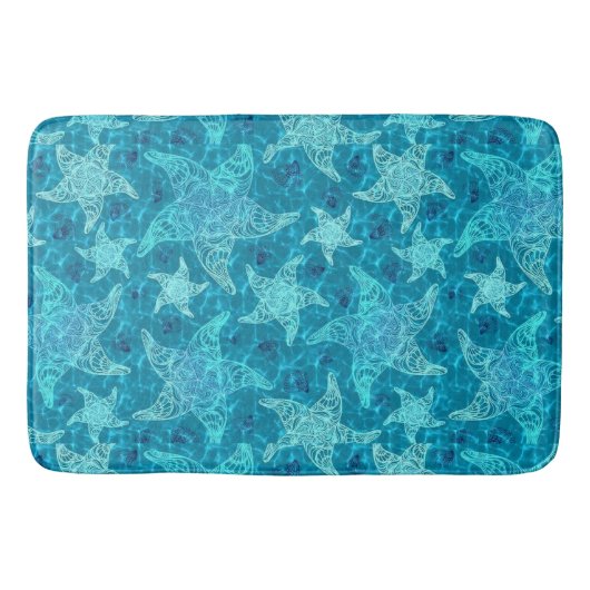 Aqua Blue Starfish Patroon Bath Mat (Voorkant)