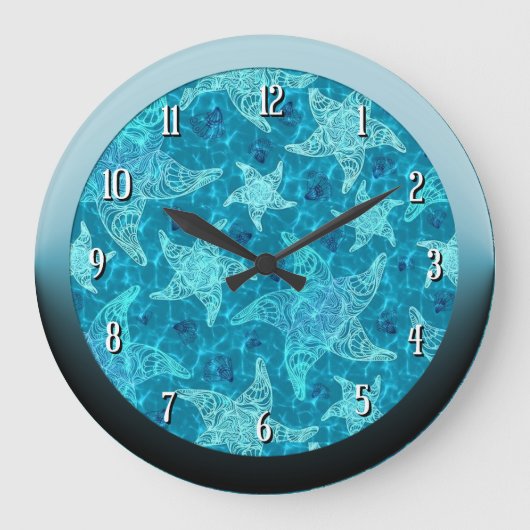 Aqua Blue Starfish Patroon rondom de muur Grote Klok (Voorkant)