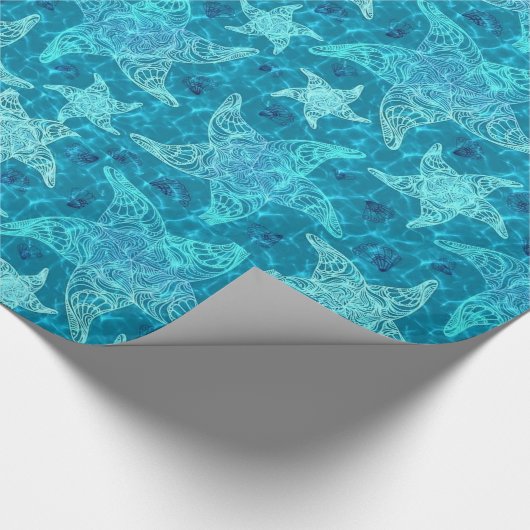 Aqua Blue Starfish Pattern Wrapping Paper Cadeaupapier (Hoek)