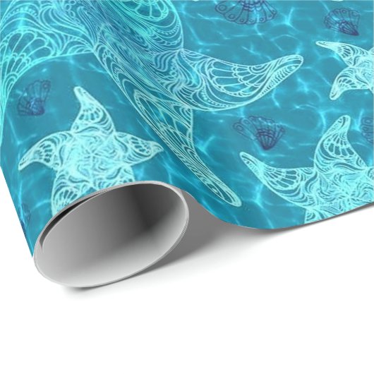 Aqua Blue Starfish Pattern Wrapping Paper Cadeaupapier (Rol Hoek)
