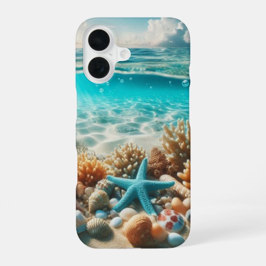 Aqua Blue Starfish Seashells Ocean Beach iPhone 16 Hoesje (Achterkant)