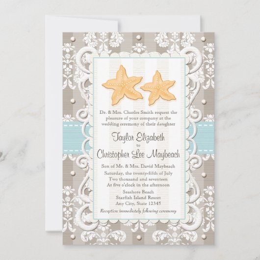 Aqua Blue Starfish Wedding Invitations Kaart (Voorkant)