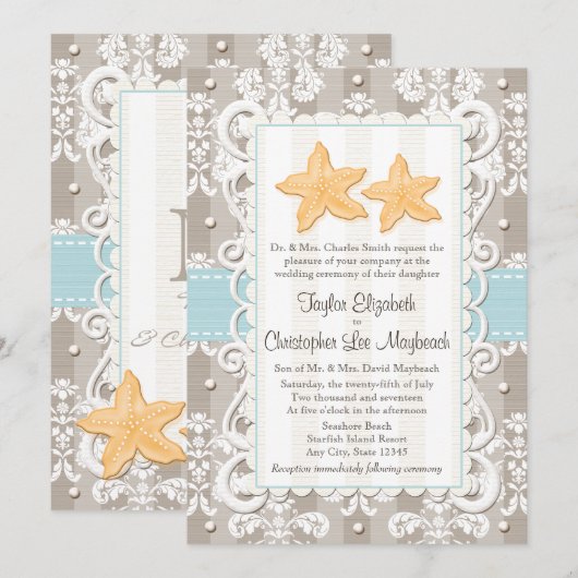 Aqua Blue Starfish Wedding Invitations Kaart (Voorkant / Achterkant)