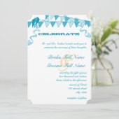 Aqua Blue Stippen Bunting Pennant bruiloft uitnodi Kaart (Staand voorkant)