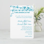 Aqua Blue Stippen Bunting Pennant bruiloft uitnodi Kaart (Staand voorkant)
