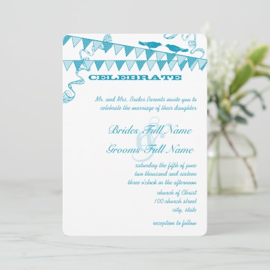 Aqua Blue Stippen Bunting Pennant bruiloft uitnodi Kaart (Staand voorkant)