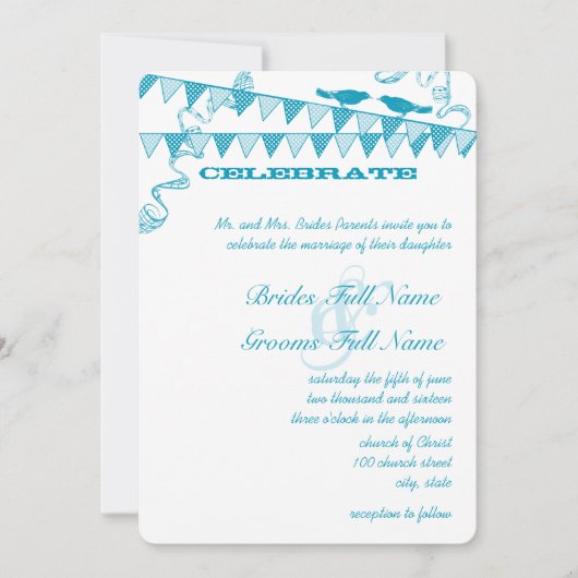 Aqua Blue Stippen Bunting Pennant bruiloft uitnodi Kaart (Voorkant)
