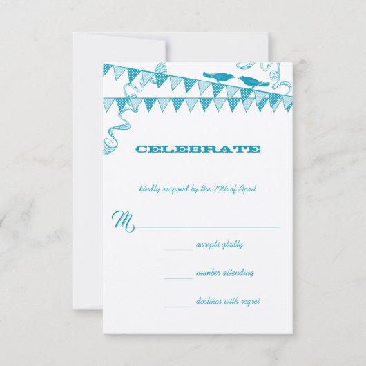 Aqua Blue Stippen Love Bird Bunting Wedding RSVP Kaart (Voorkant)