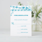Aqua Blue Stippen Love Bird Bunting Wedding RSVP Kaart (Staand voorkant)