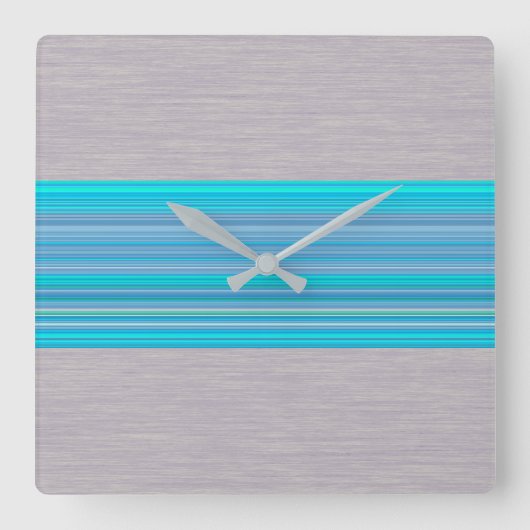 Aqua Blue Striped Pattern op Silver Grey Vierkante Klok (Voorkant)