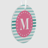 Aqua Blue Striped Pattern Pink Monogram Ornament (voorkant)