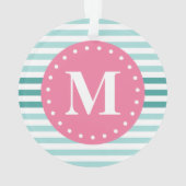 Aqua Blue Striped Pattern Pink Monogram Ornament (achterkant)