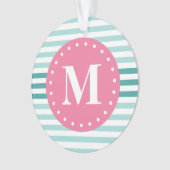 Aqua Blue Striped Pattern Pink Monogram Ornament (voorkant)