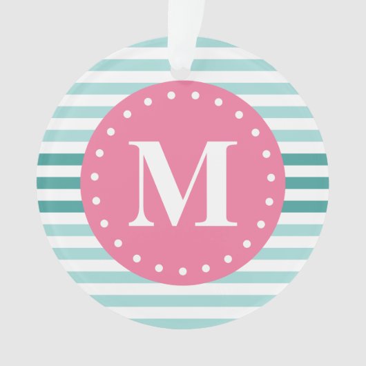 Aqua Blue Striped Pattern Pink Monogram Ornament (voorkant)