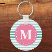 Aqua Blue Striped Pattern Pink Monogram Sleutelhanger (Voorkant)