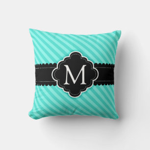 Aqua Blue Stripes Patroon Zwart Custom Monogram Kussen