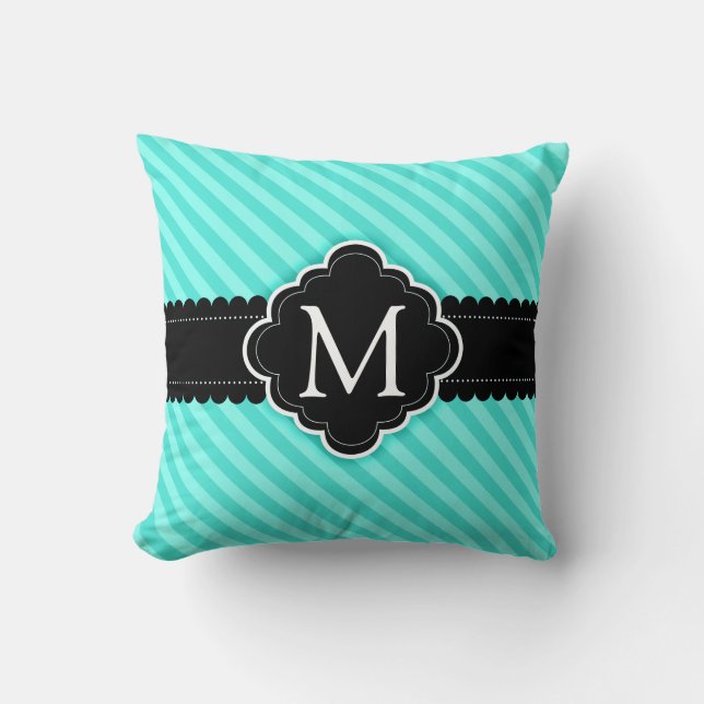Aqua Blue Stripes Patroon Zwart Custom Monogram Kussen (Voorkant)
