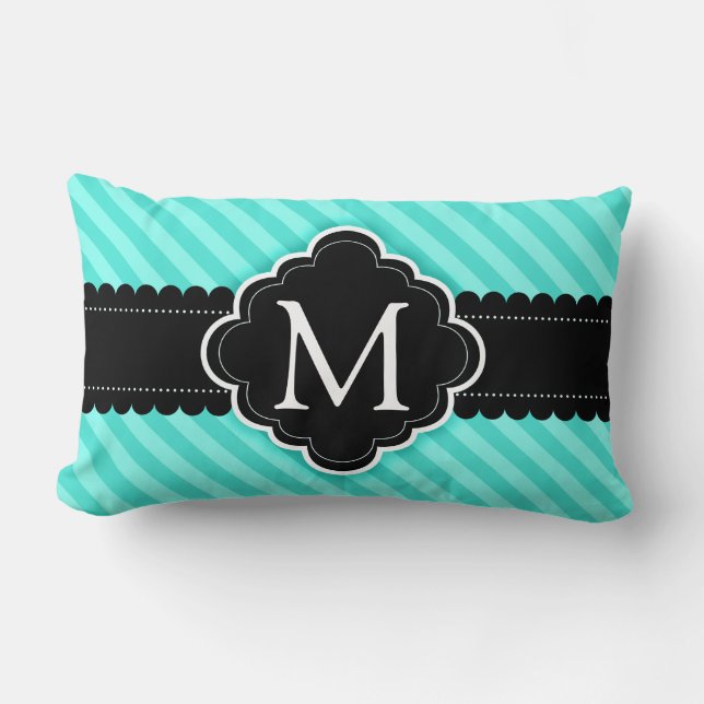 Aqua Blue Stripes Patroon Zwart Custom Monogram Kussen (Voorkant)