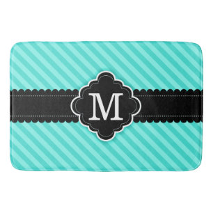 Aqua Blue Stripes Pattern Black Aangepast monogram Badmat