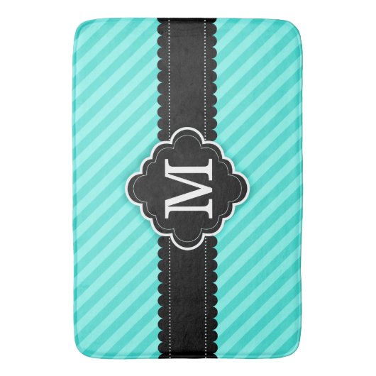 Aqua Blue Stripes Pattern Black Aangepast monogram Badmat (Voorkant Verticaal)