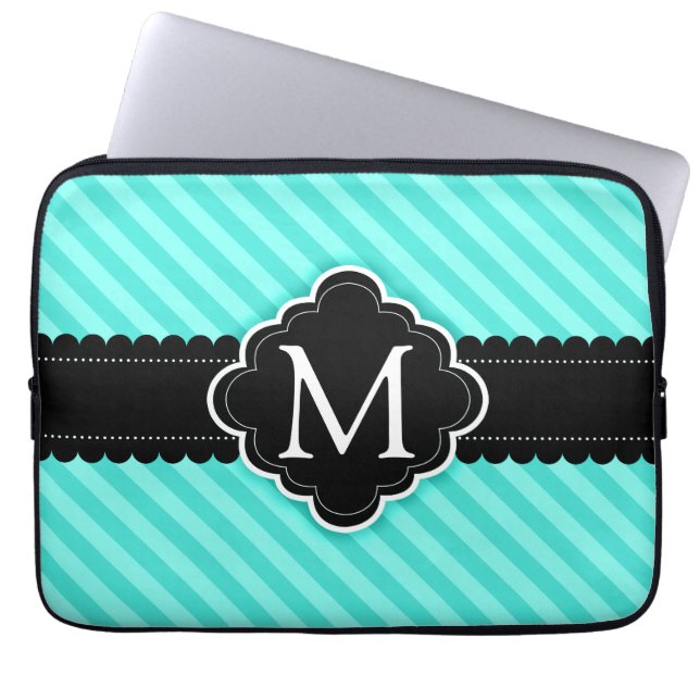 Aqua Blue Stripes Pattern Black Aangepast monogram Laptop Sleeve (Voorkant)